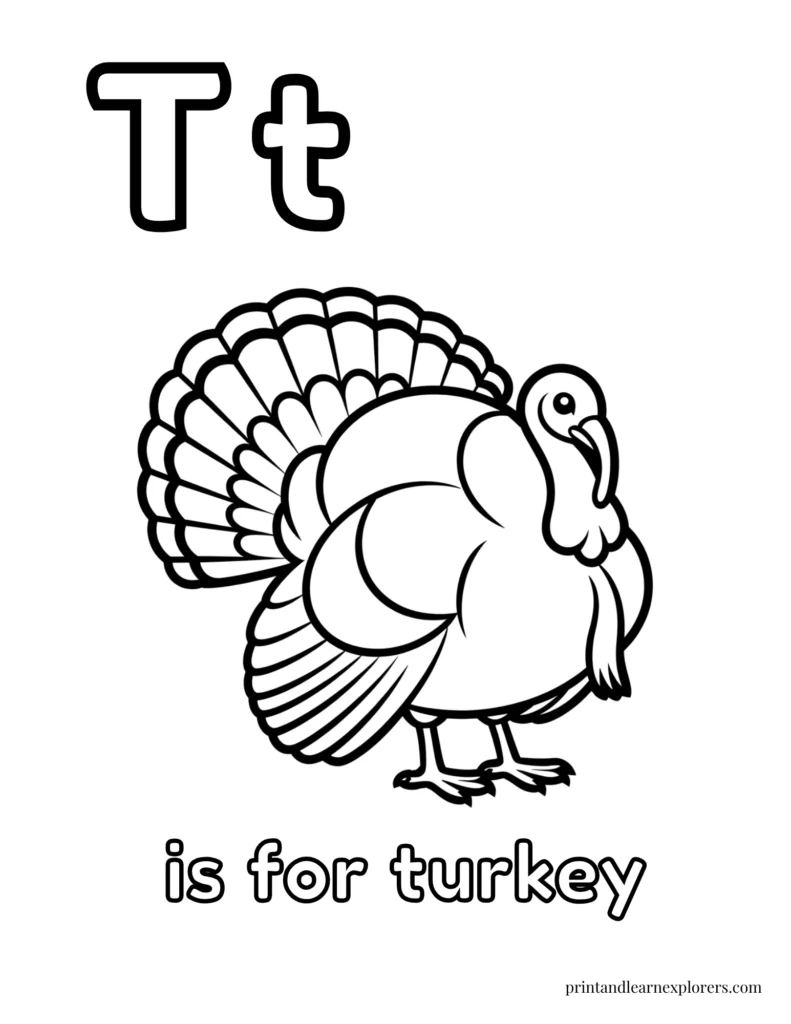 Letter T is for turkey coloring page