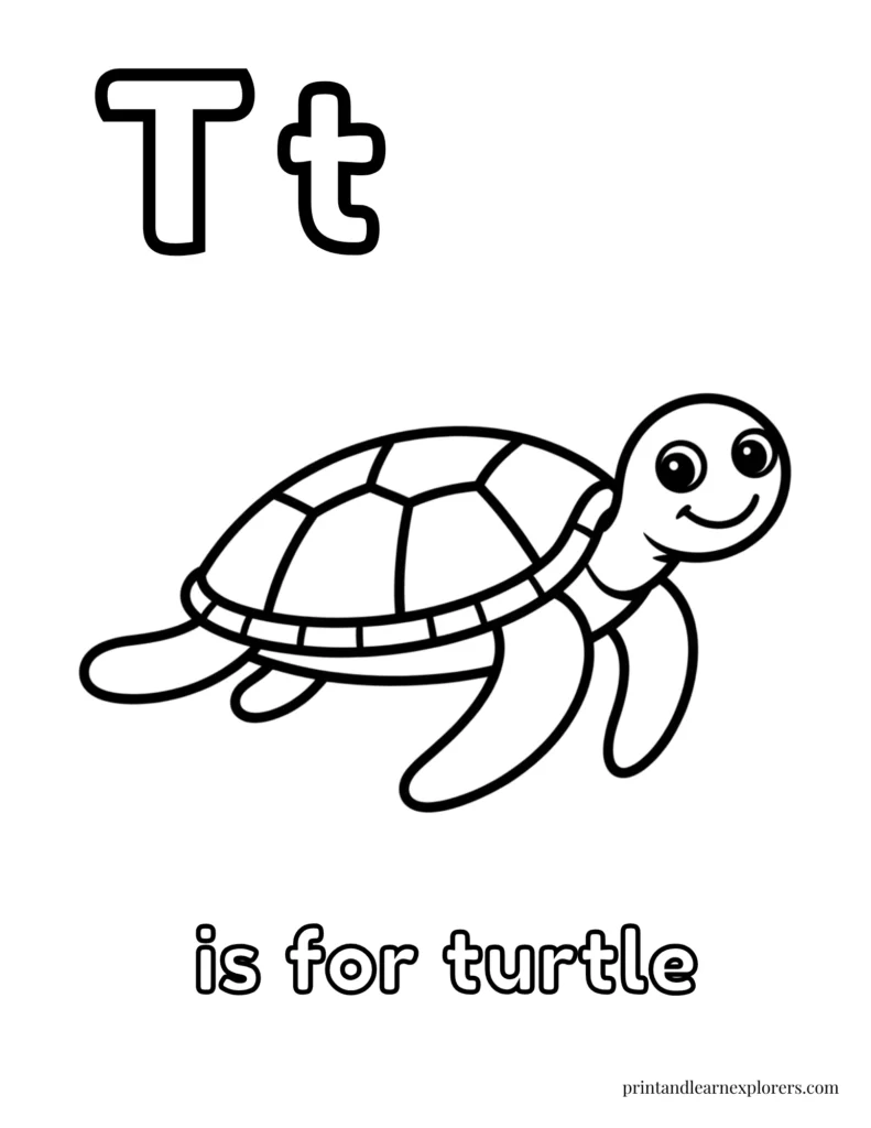 Letter T is for turtle coloring page
