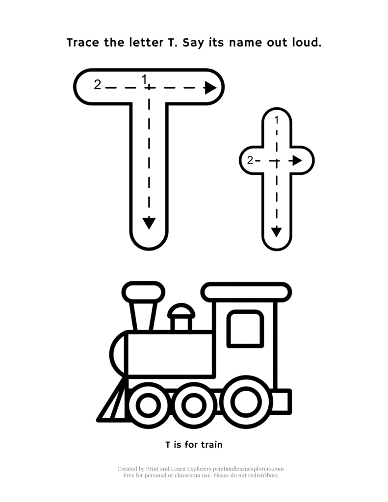 Trace the letter T, with train image to color worksheet