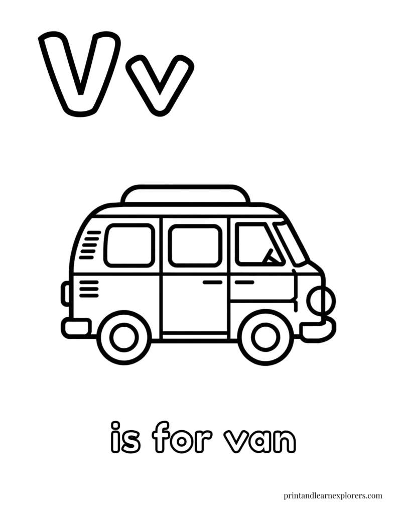 Letter V is for van coloring page
