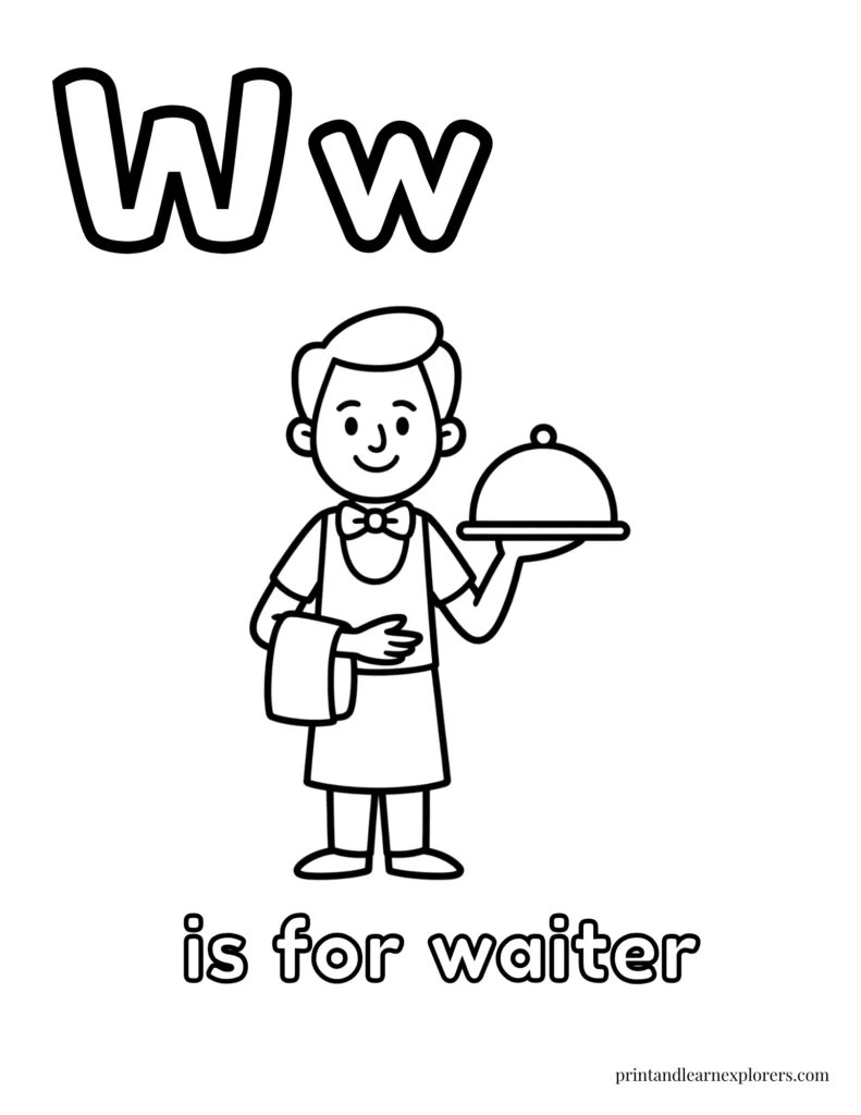 Letter W is for waiter coloring page