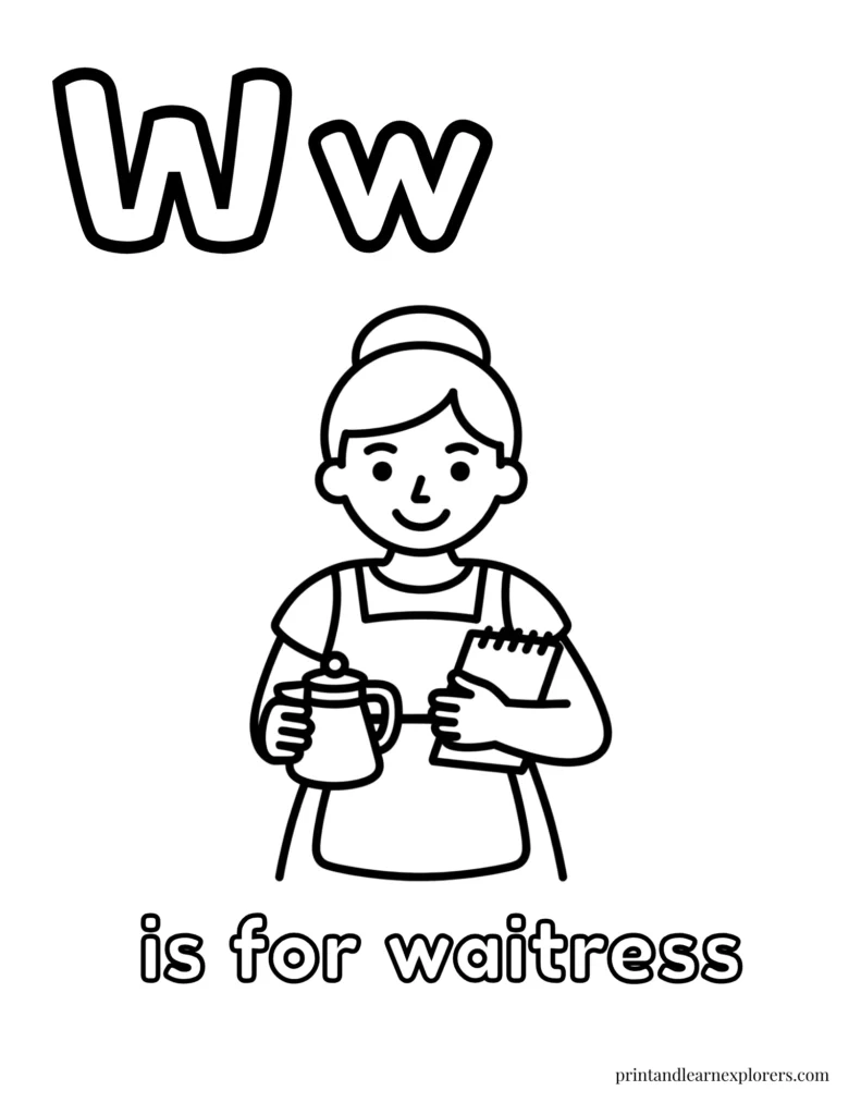 Letter W is for waitress coloring page