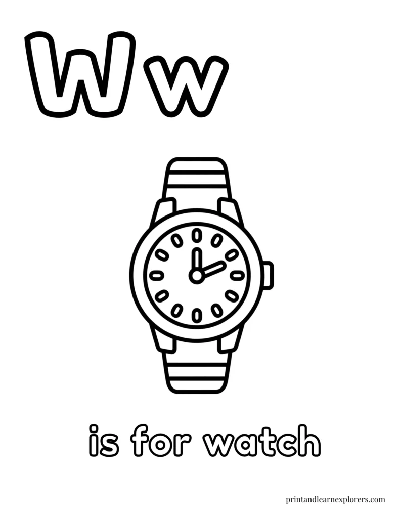 Letter W is for watch coloring page