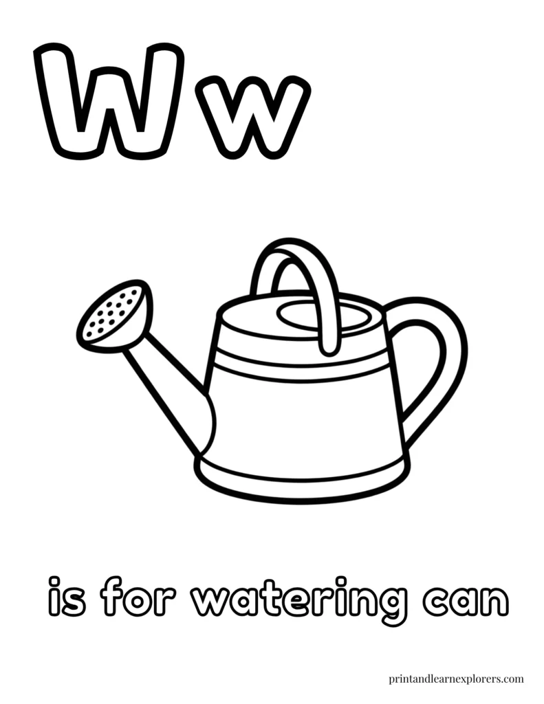 Letter W is for watering can coloring page