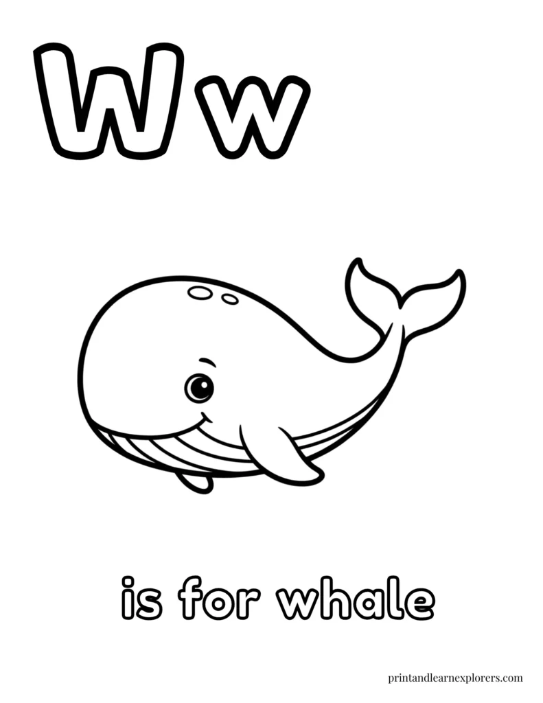 Letter W is for whale coloring page