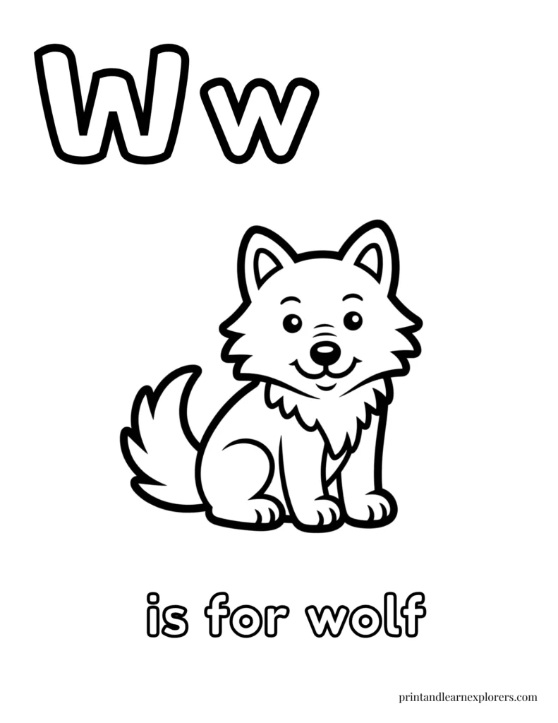 Letter W is for wolf coloring page
