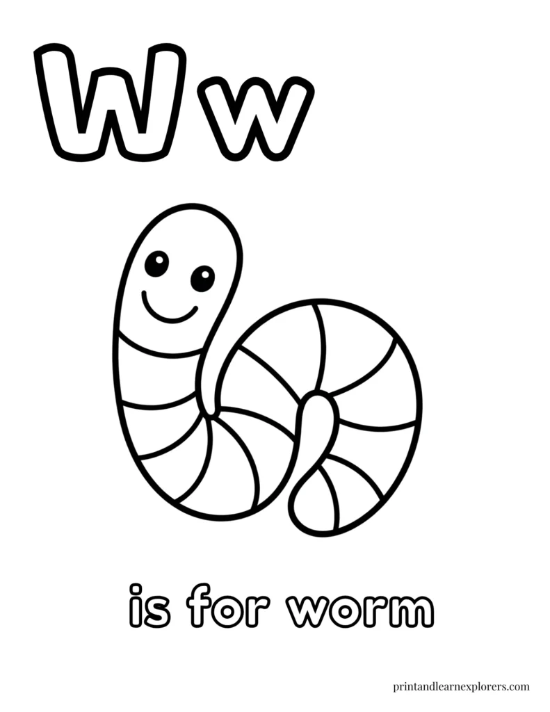Letter W is for worm coloring page
