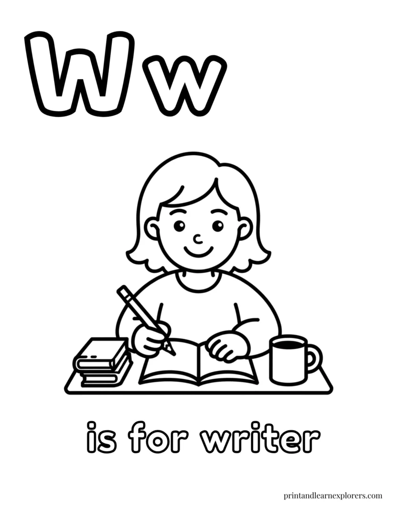 Letter W is for writer female coloring page