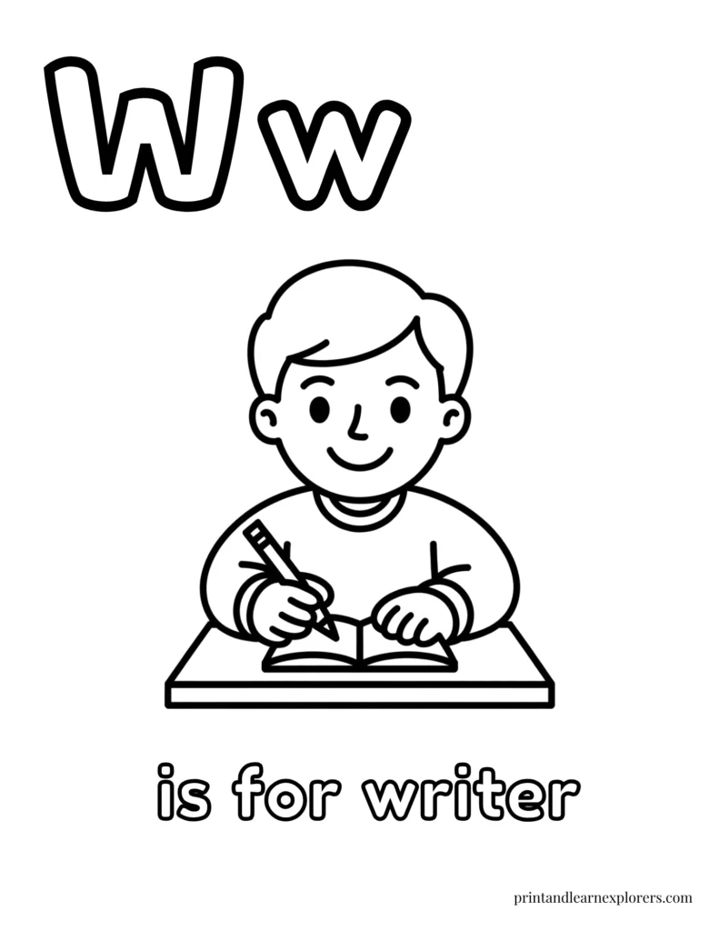 Letter W is for writer male coloring page
