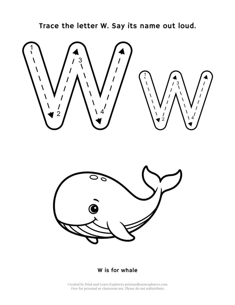 Trace the letter W, with whale image to color worksheet