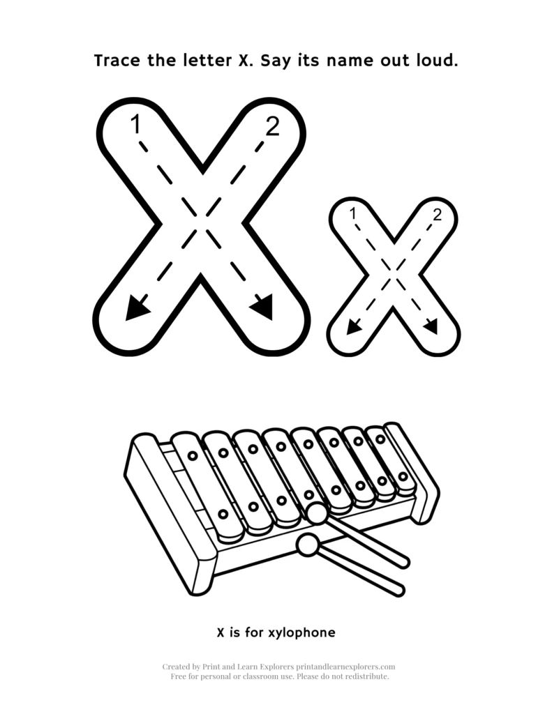 Trace the letter X, with xylophone image to color worksheet