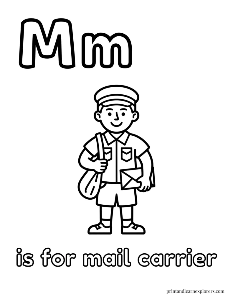 Letter m is for mail carrier coloring page