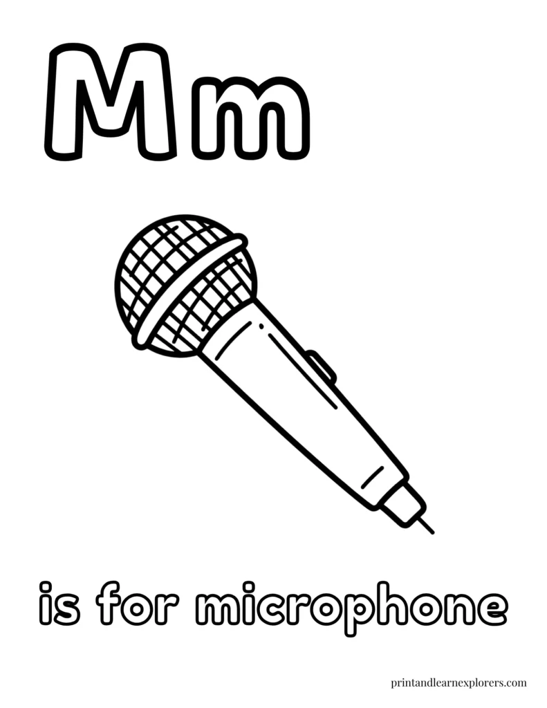 Letter m is for microphone coloring page