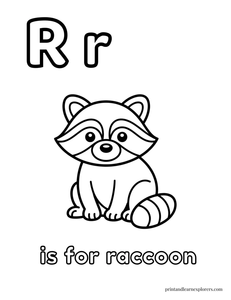 Letter r is for raccoon coloring page