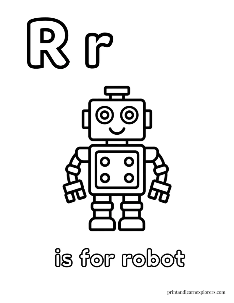 Letter r is for robot coloring page