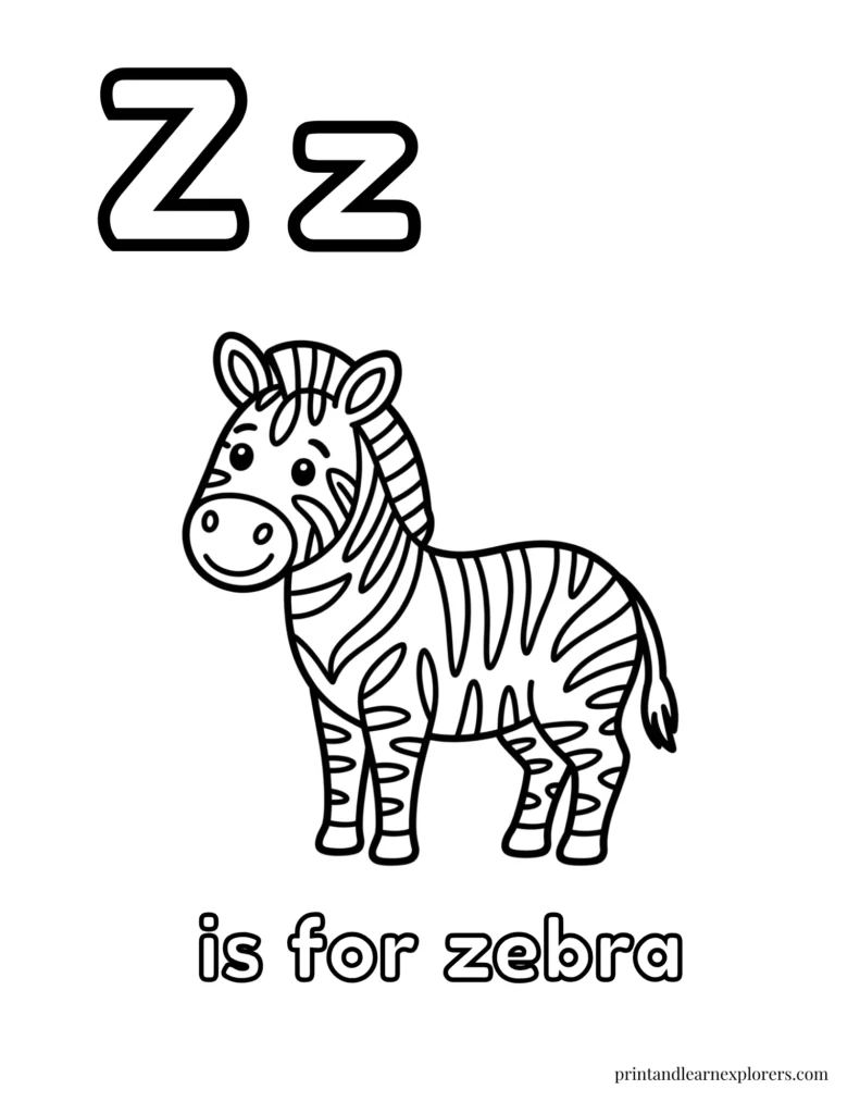 Letter z is for zebra coloring page