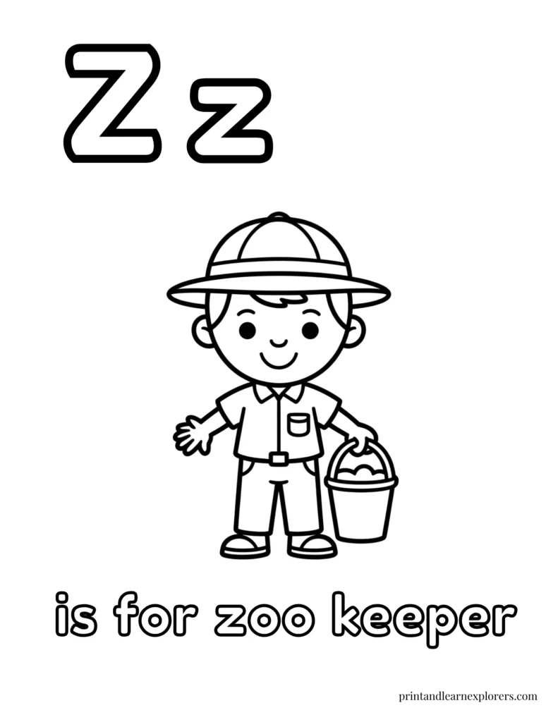 Letter z is for zoo keeper coloring page