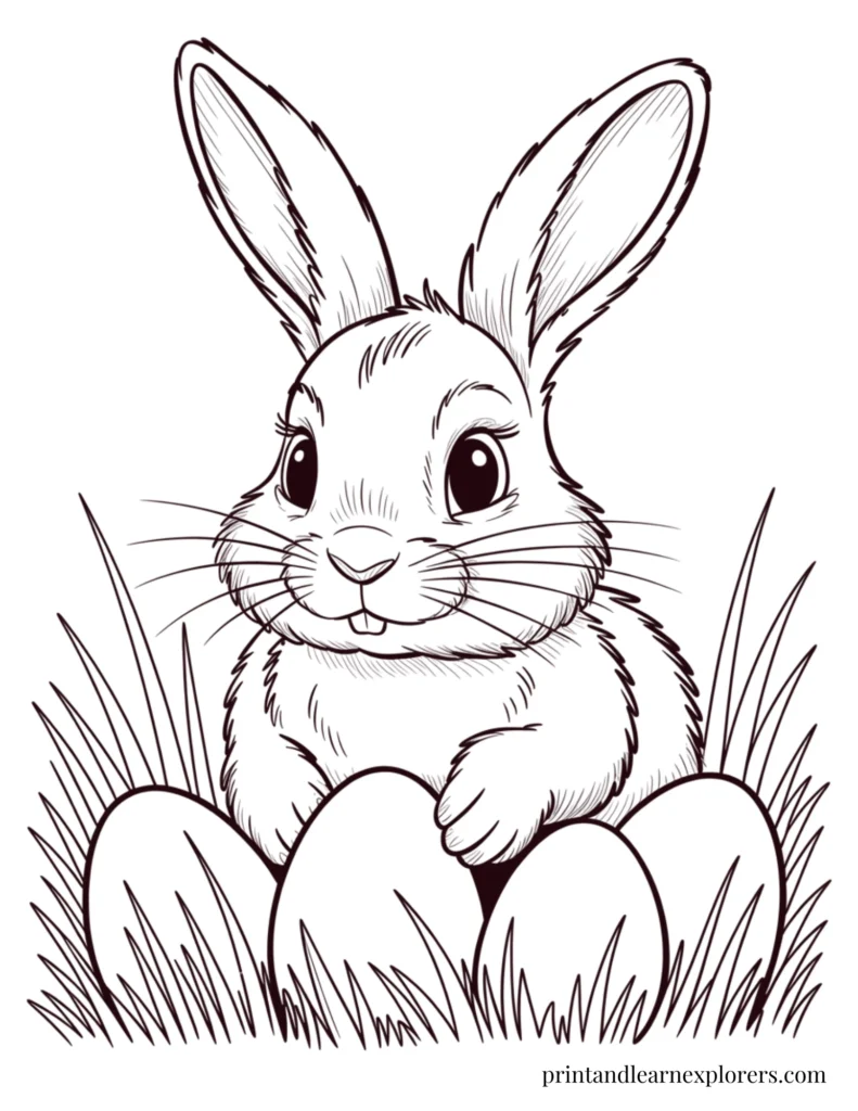 Realistic Easter bunny with eggs coloring page