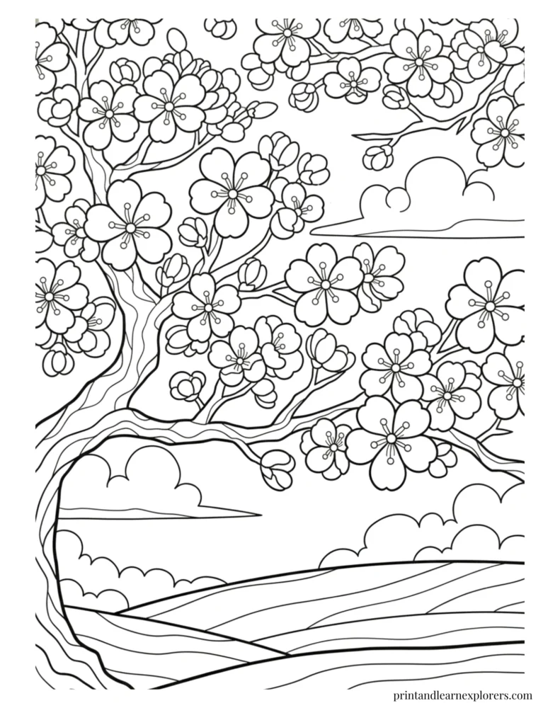 Spring flowers coloring pages cherry blossom tree