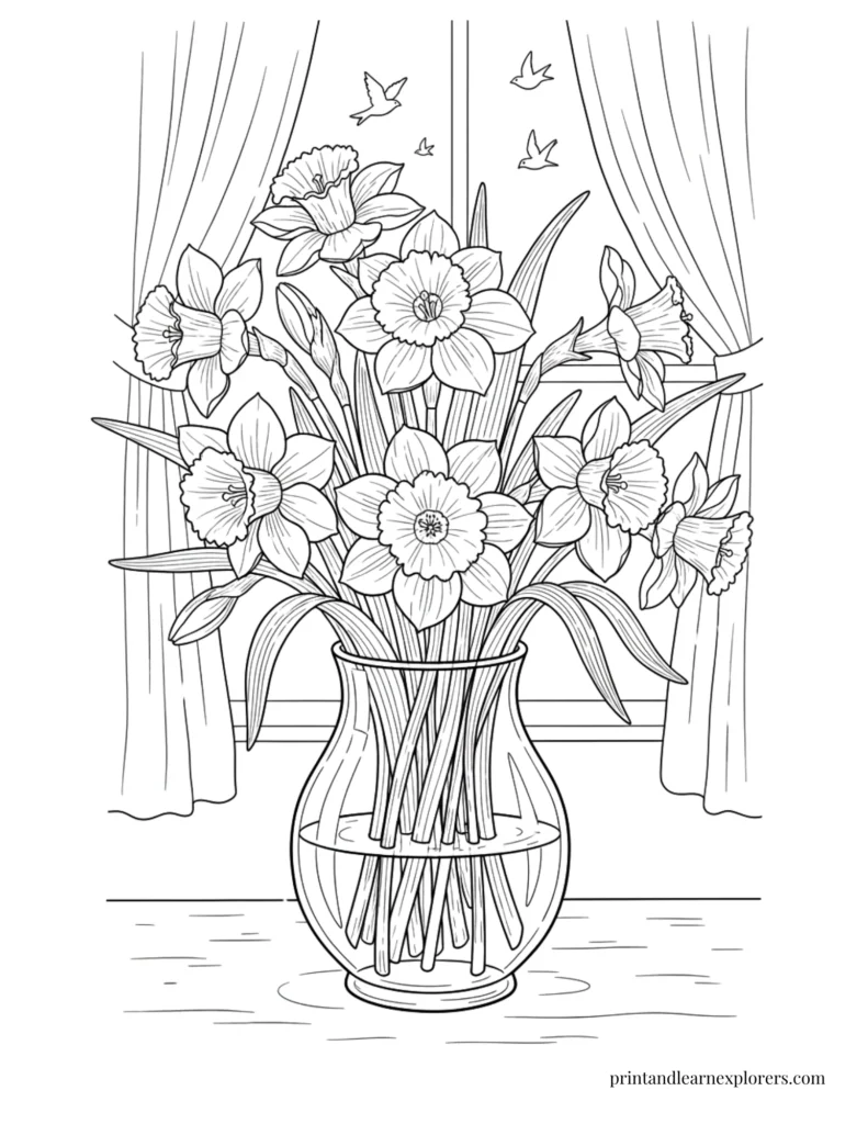 Spring flowers coloring pages daffodils vase