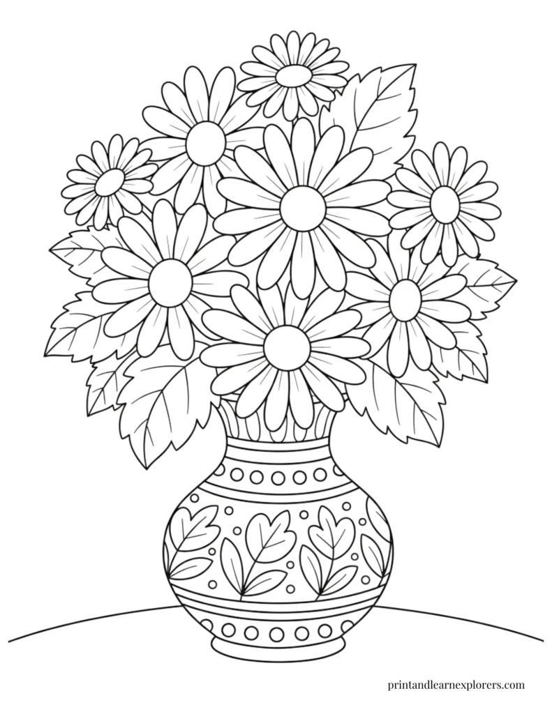 Spring flowers coloring pages daises detailed vase