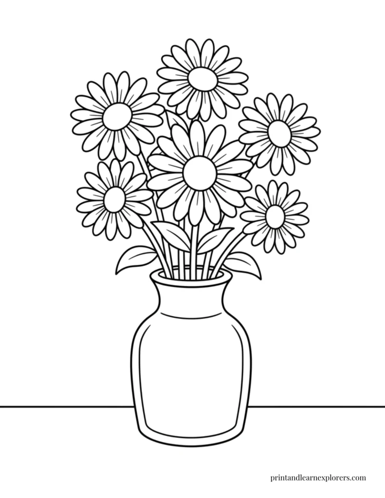 Spring flowers coloring pages daises simple vase