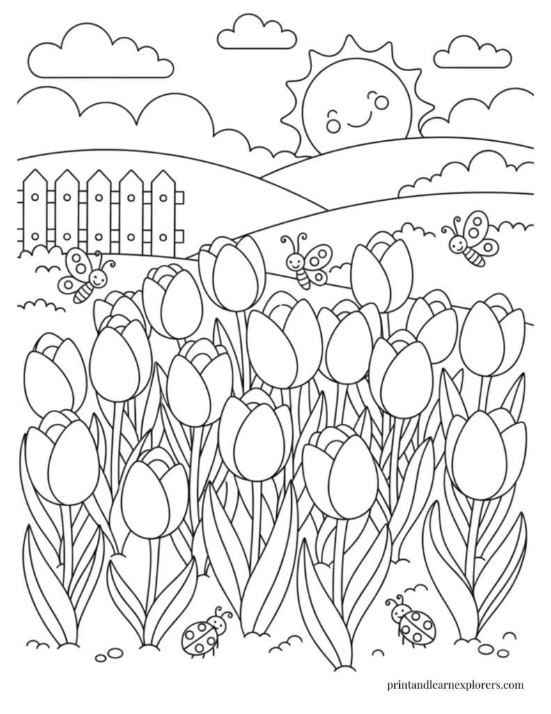 Spring flowers coloring pages garden of tulips