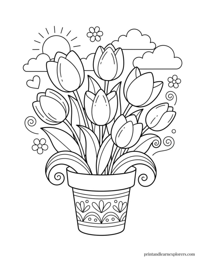 Spring flowers coloring pages pot of tulips