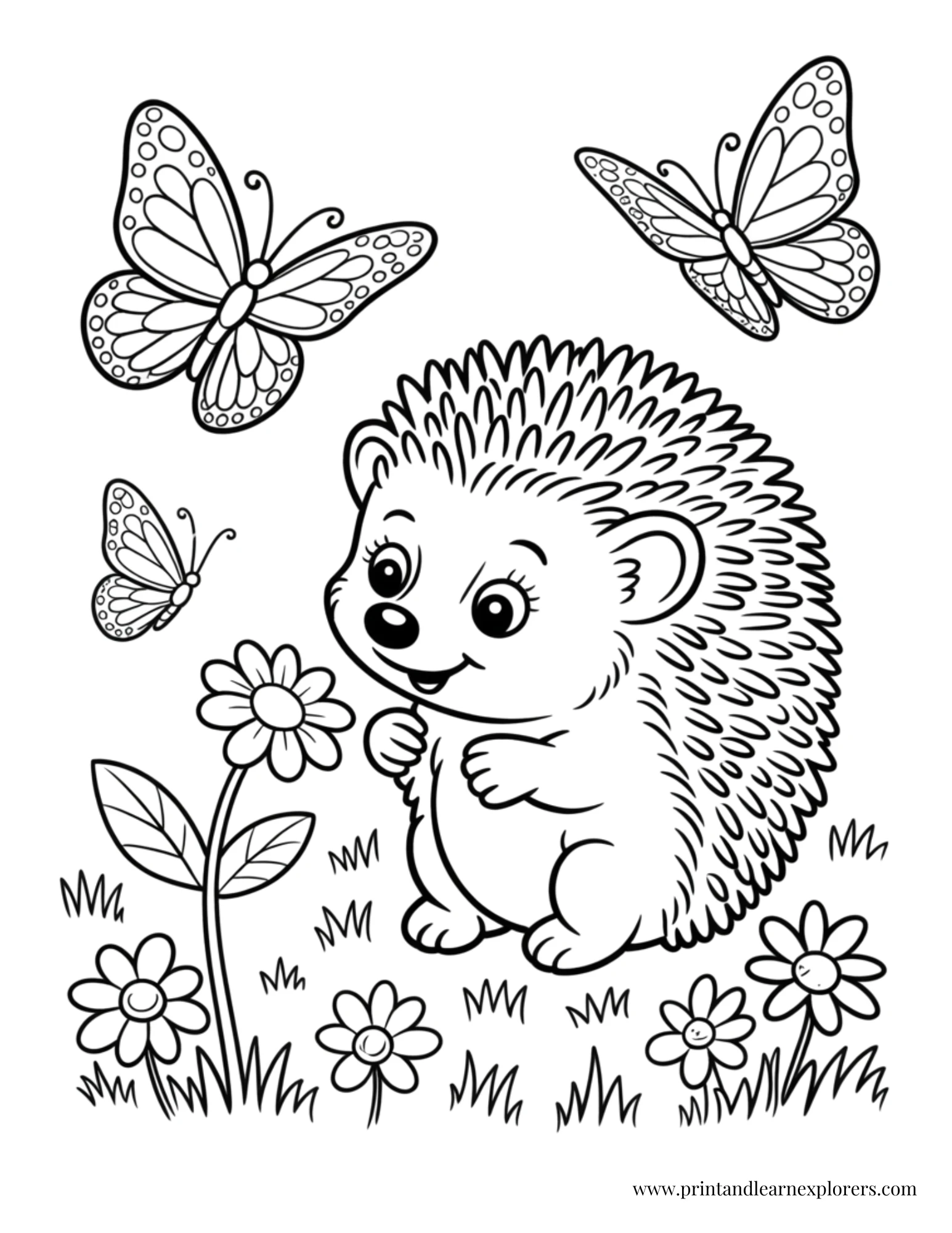 Baby hedgehog butterflies coloring page