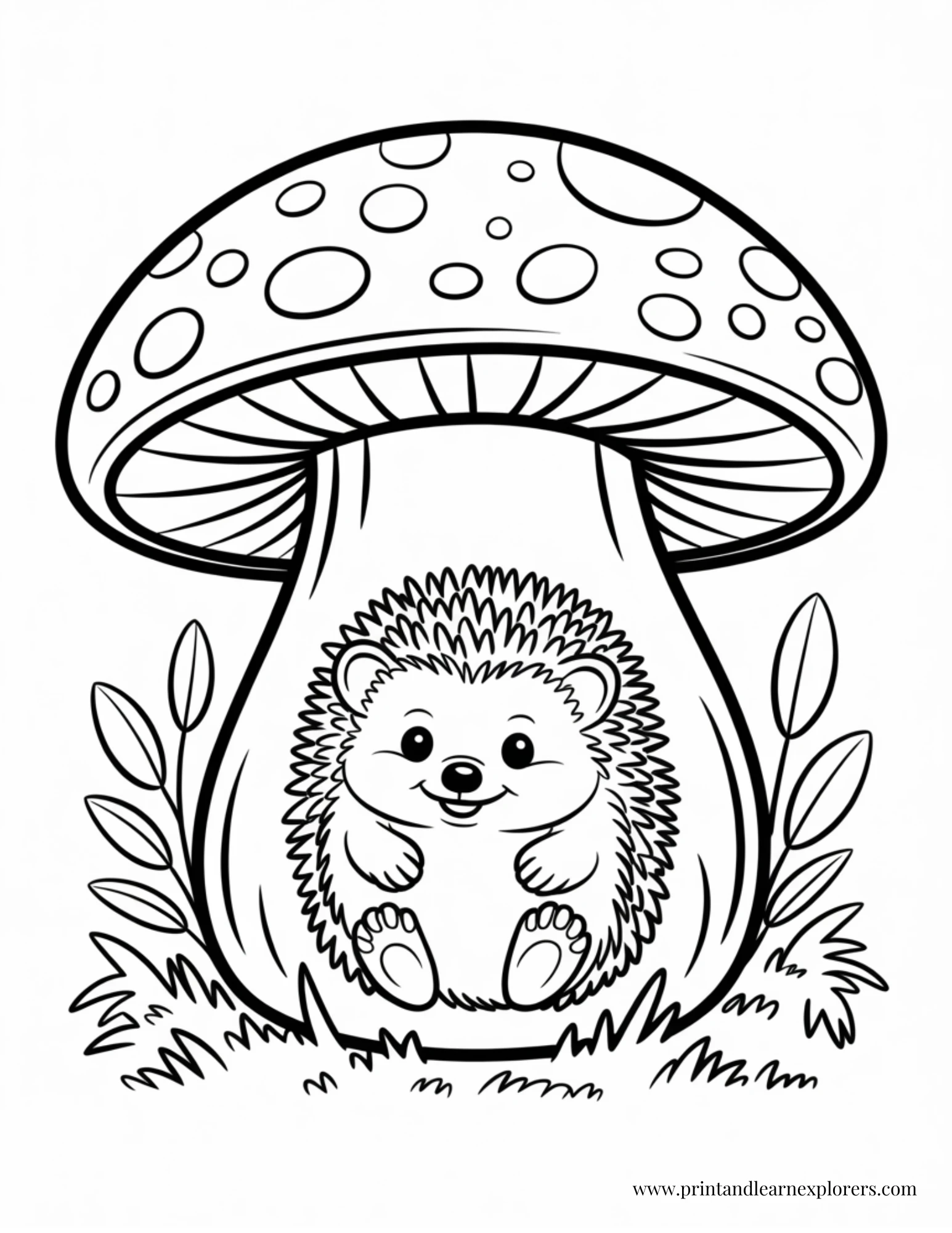 Baby hedgehog inside mushroom coloring page