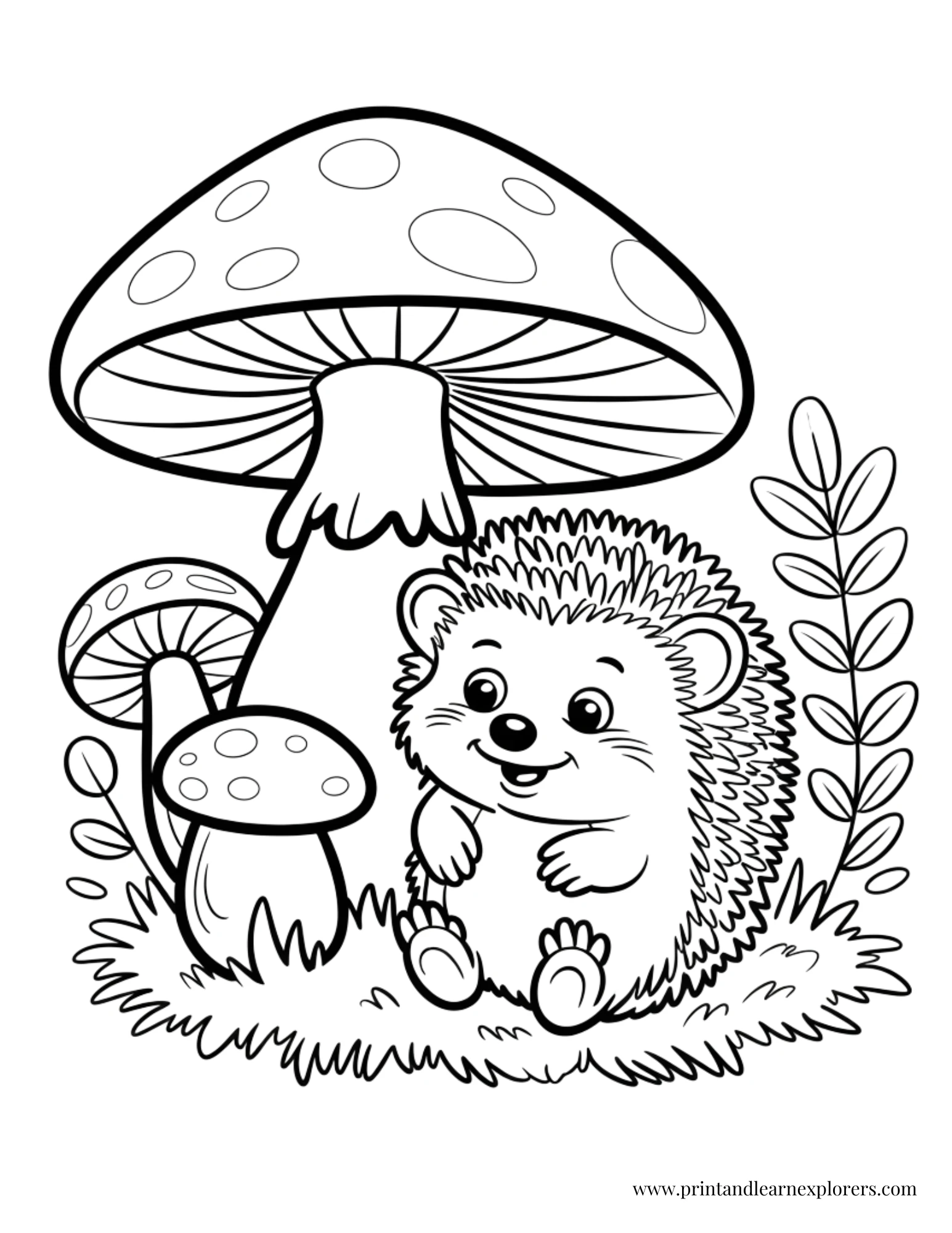 Baby hedgehog mushroom coloring page