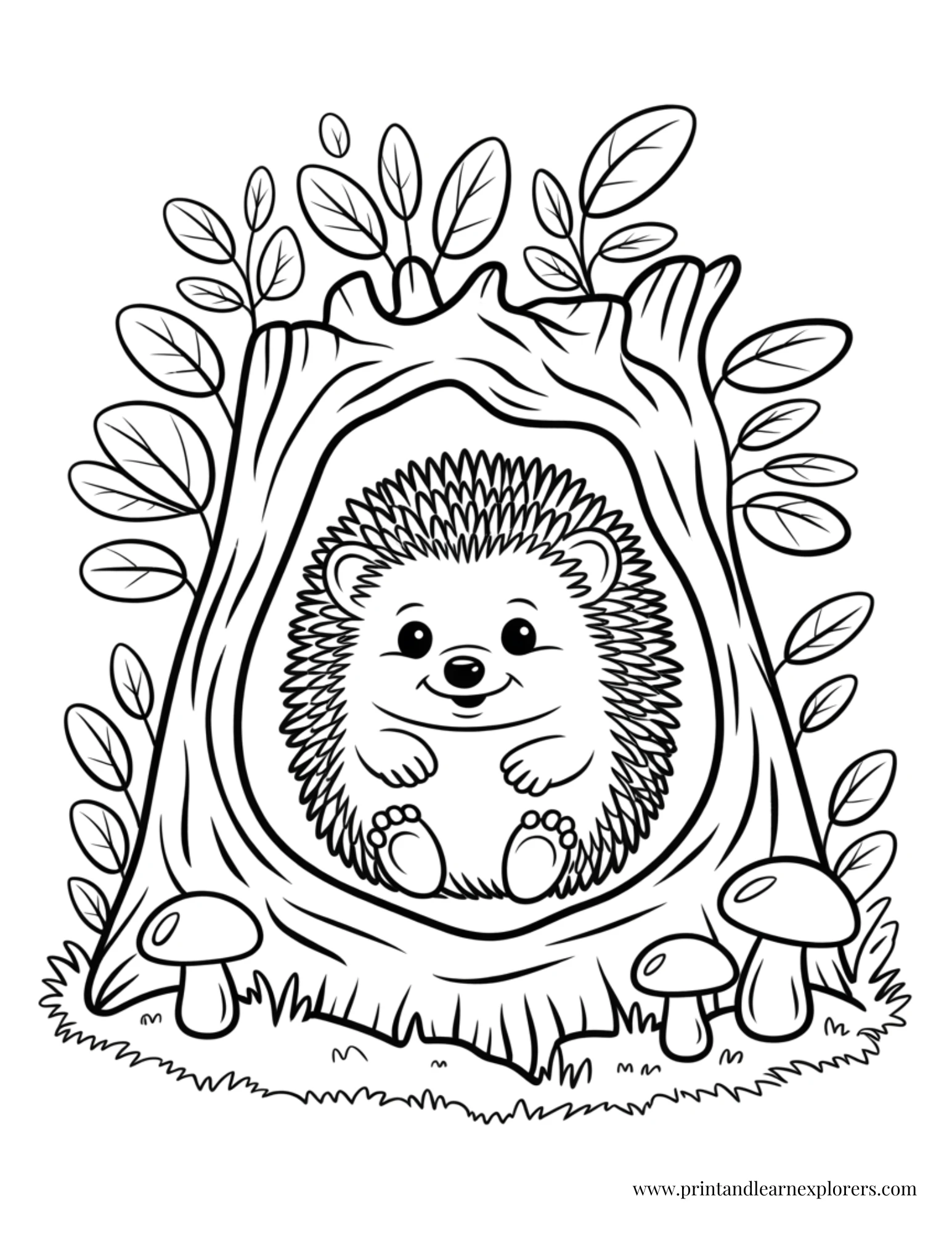 Baby hedgehog tree cozy coloring page