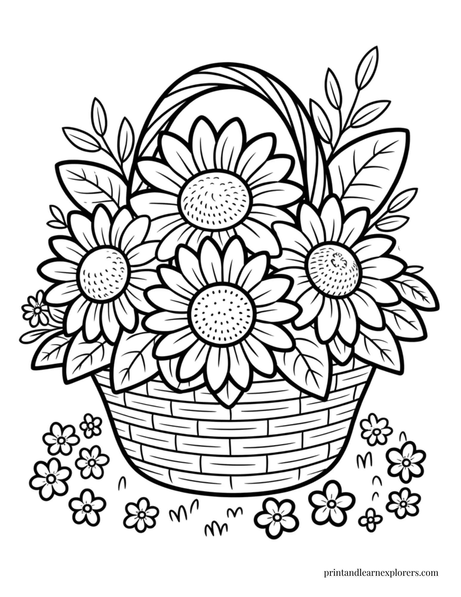 Basket of sunflowers coloring page