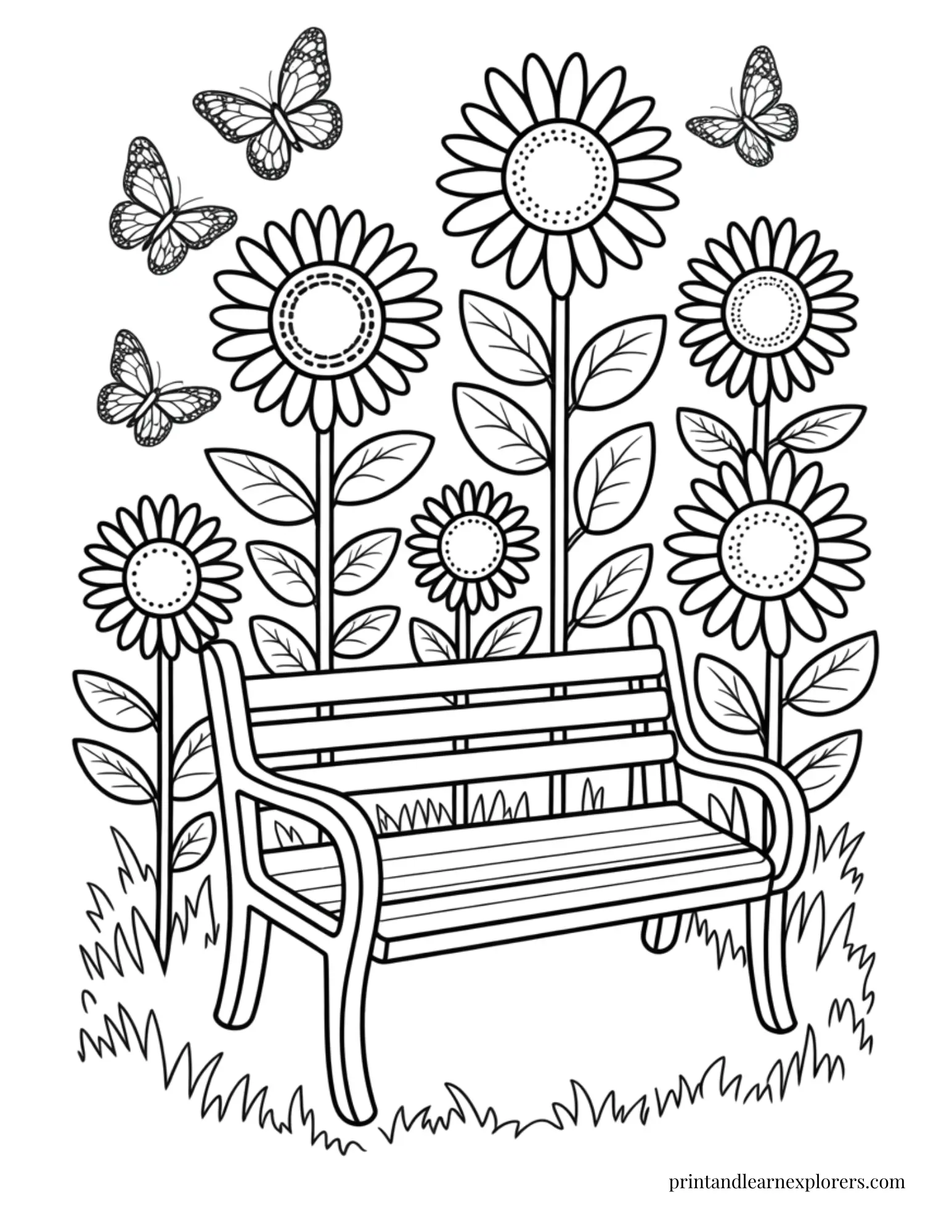 Bench among the sunflowers coloring page