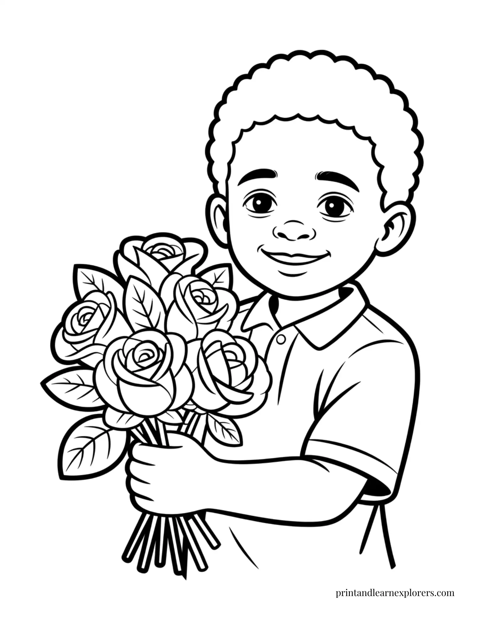 Black Boy with Bouquet of Roses Coloring Page