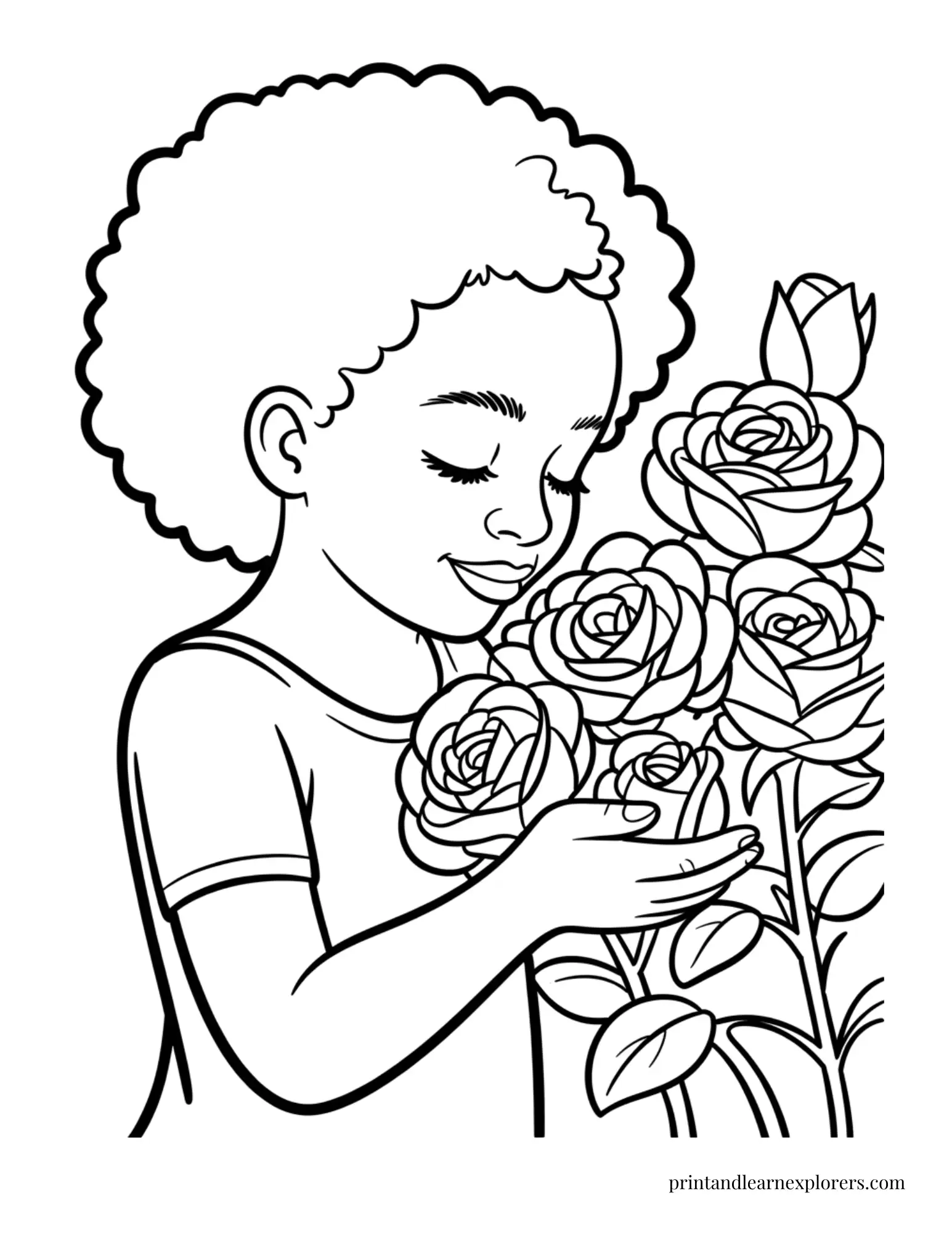 Black Girl Smelling the Roses Coloring Page