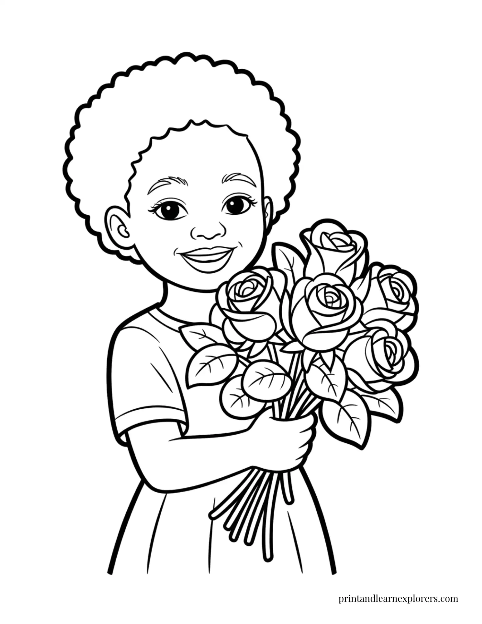 Black Girl With Bouquet of Roses Coloring Page
