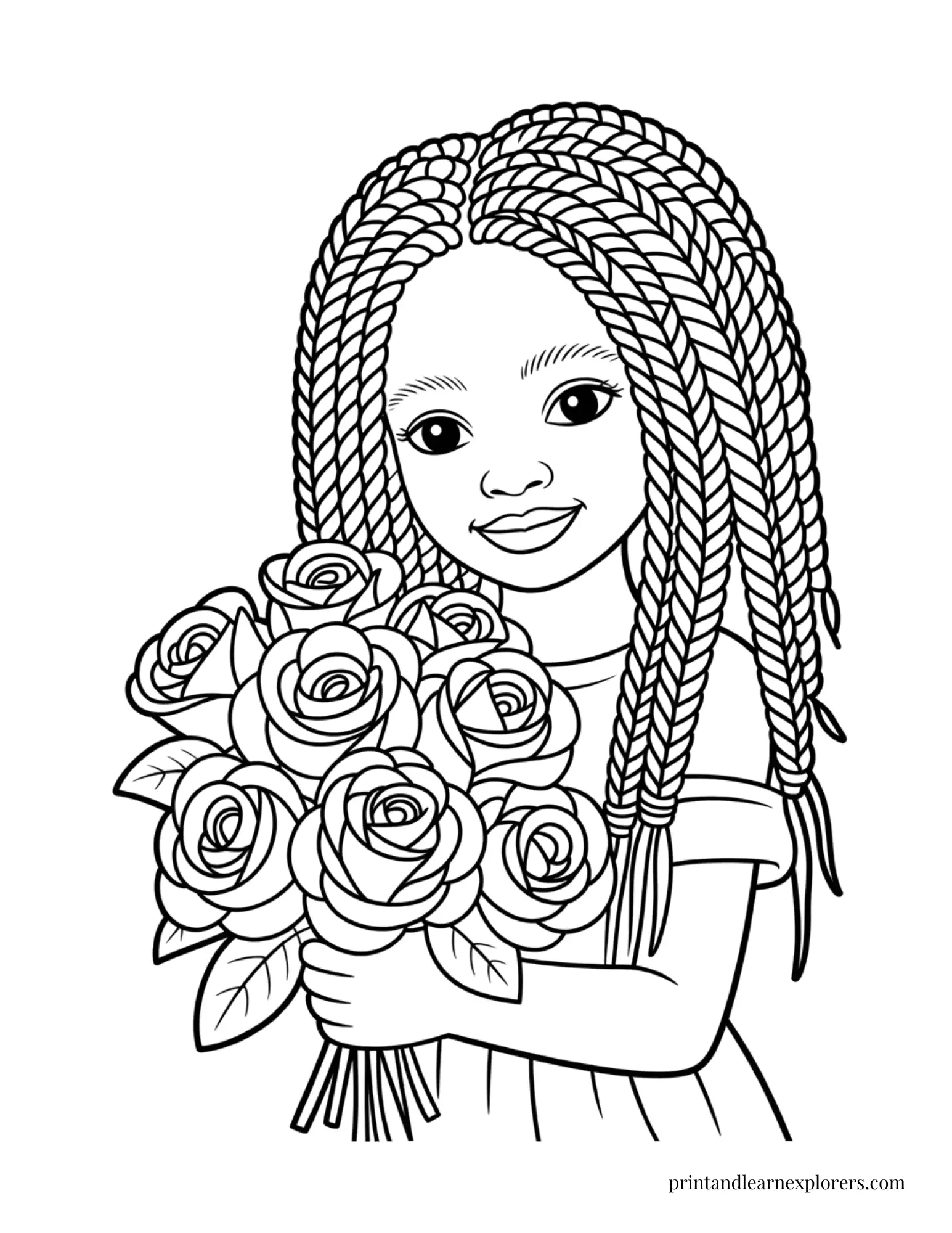 Black Girl with Braids Holding Roses Coloring Page
