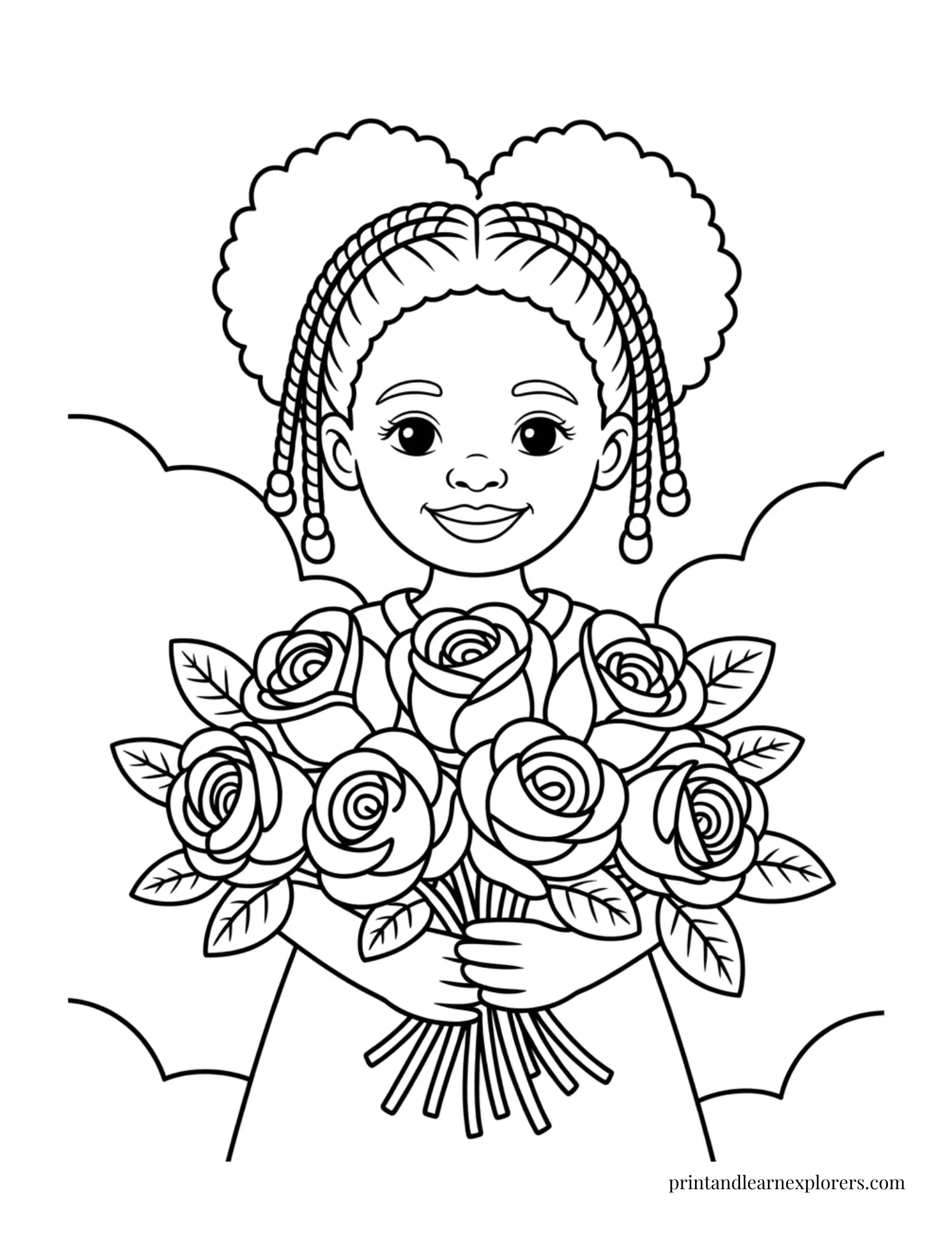 Black Girl with Large Bunch of Roses Coloring Page