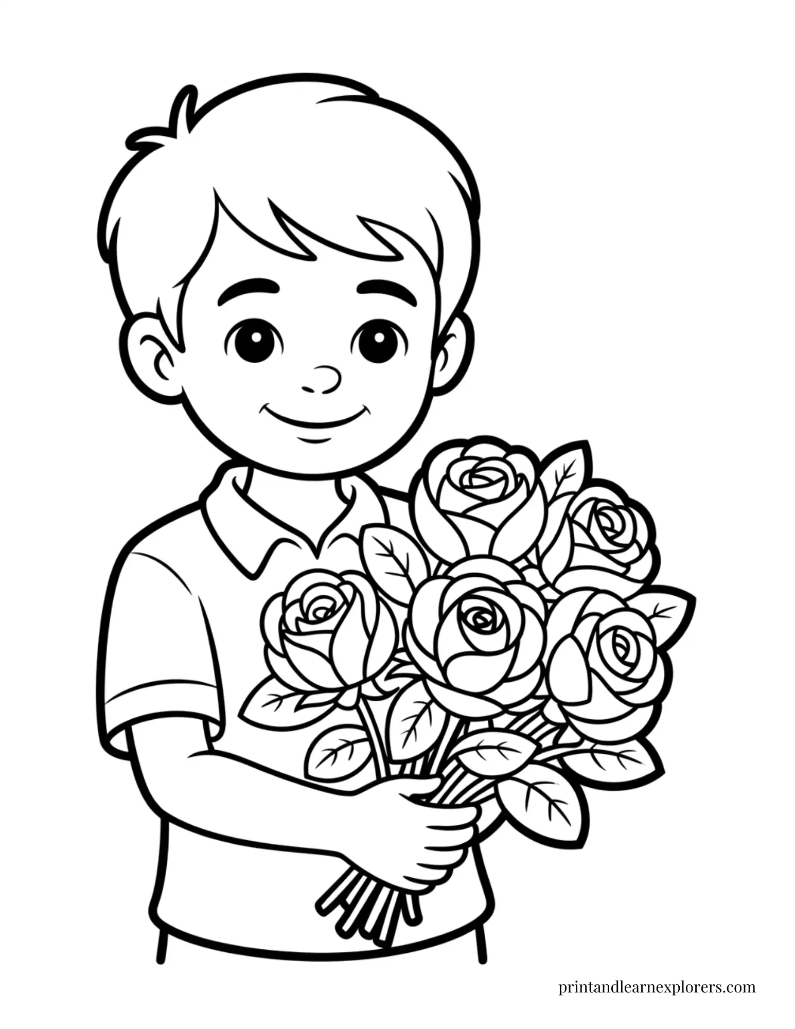 Boy Holding Roses Coloring Page