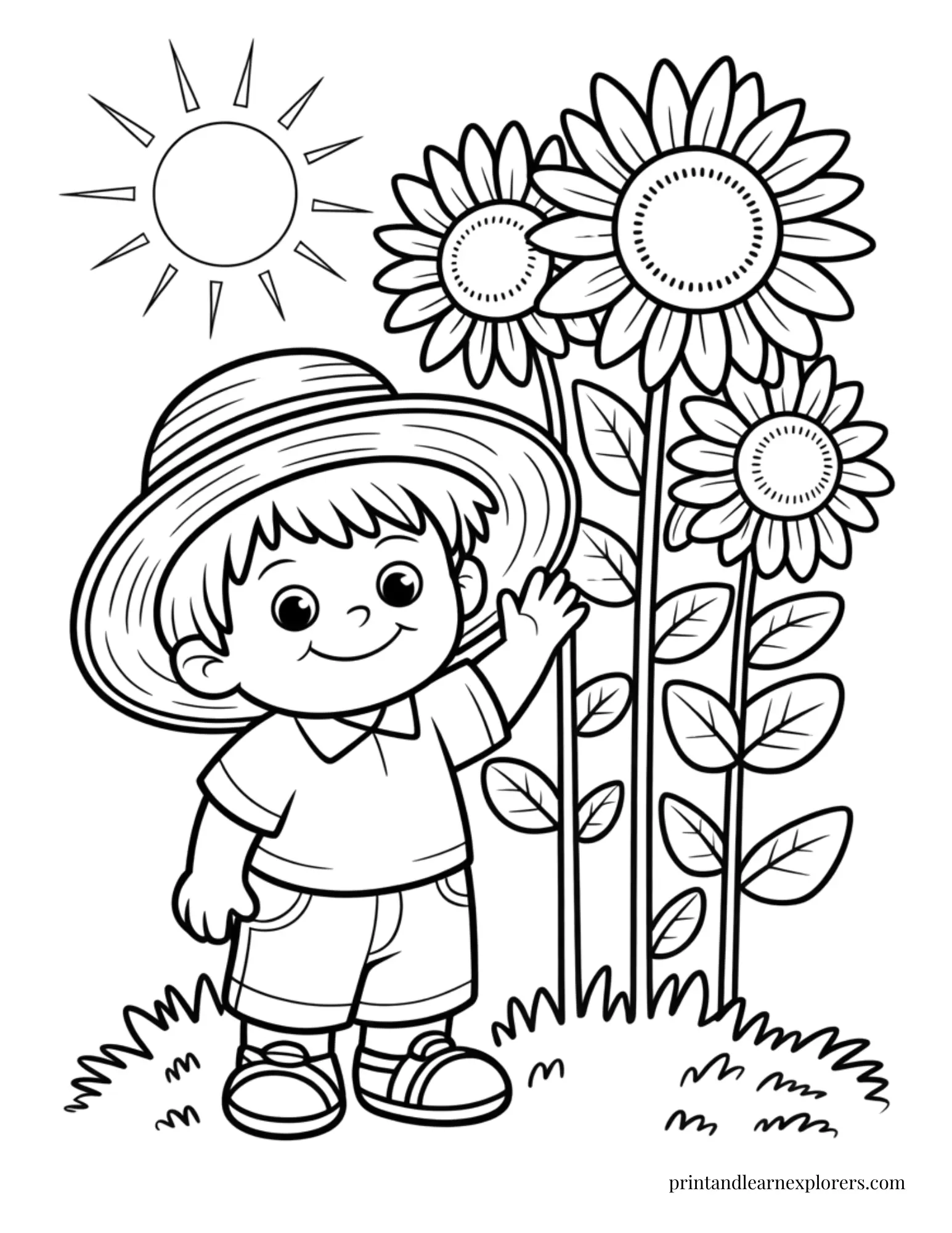 Boy feeling proud of sunflowers coloring page