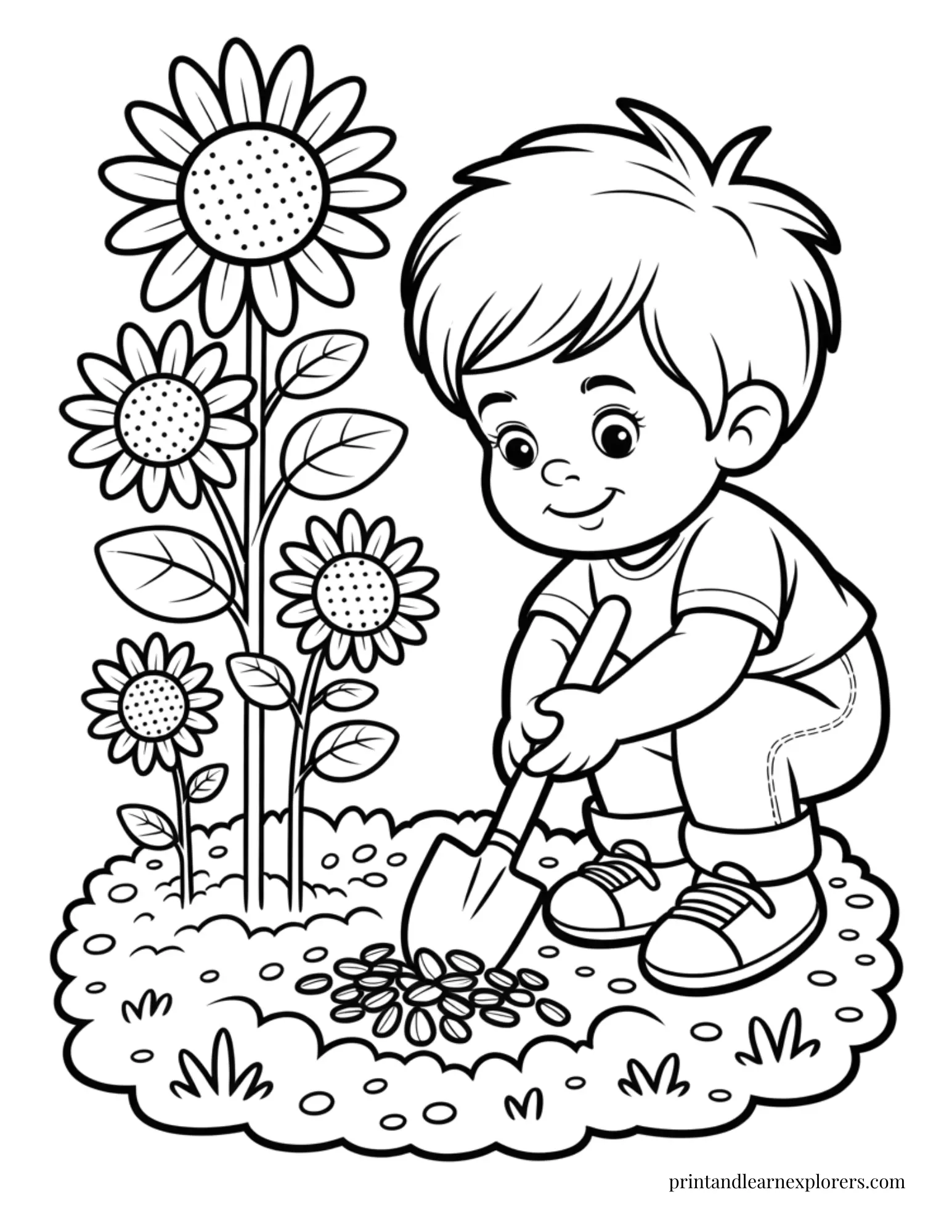 Boy planting sunflower seeds coloring page