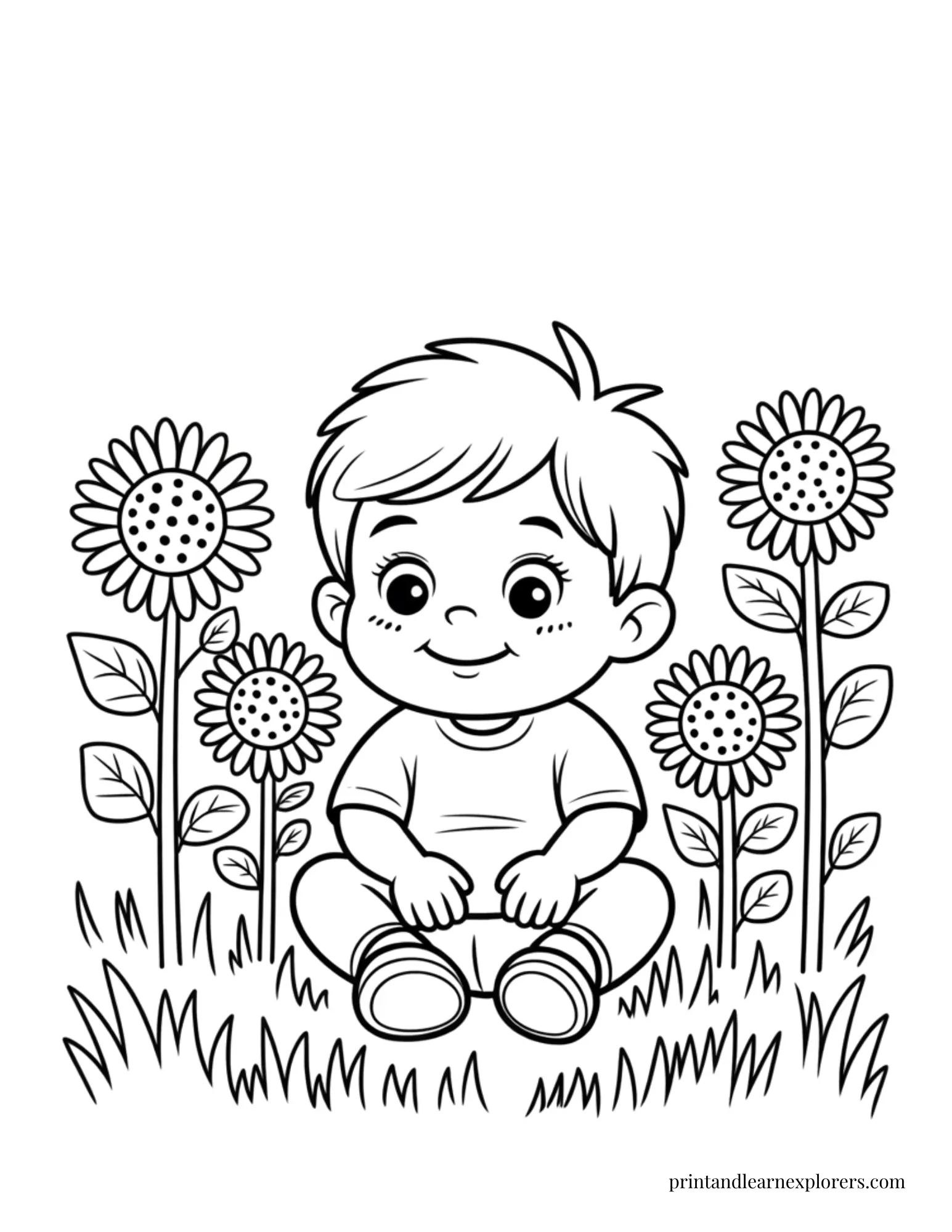 Boy sitting in sunflowers coloring page