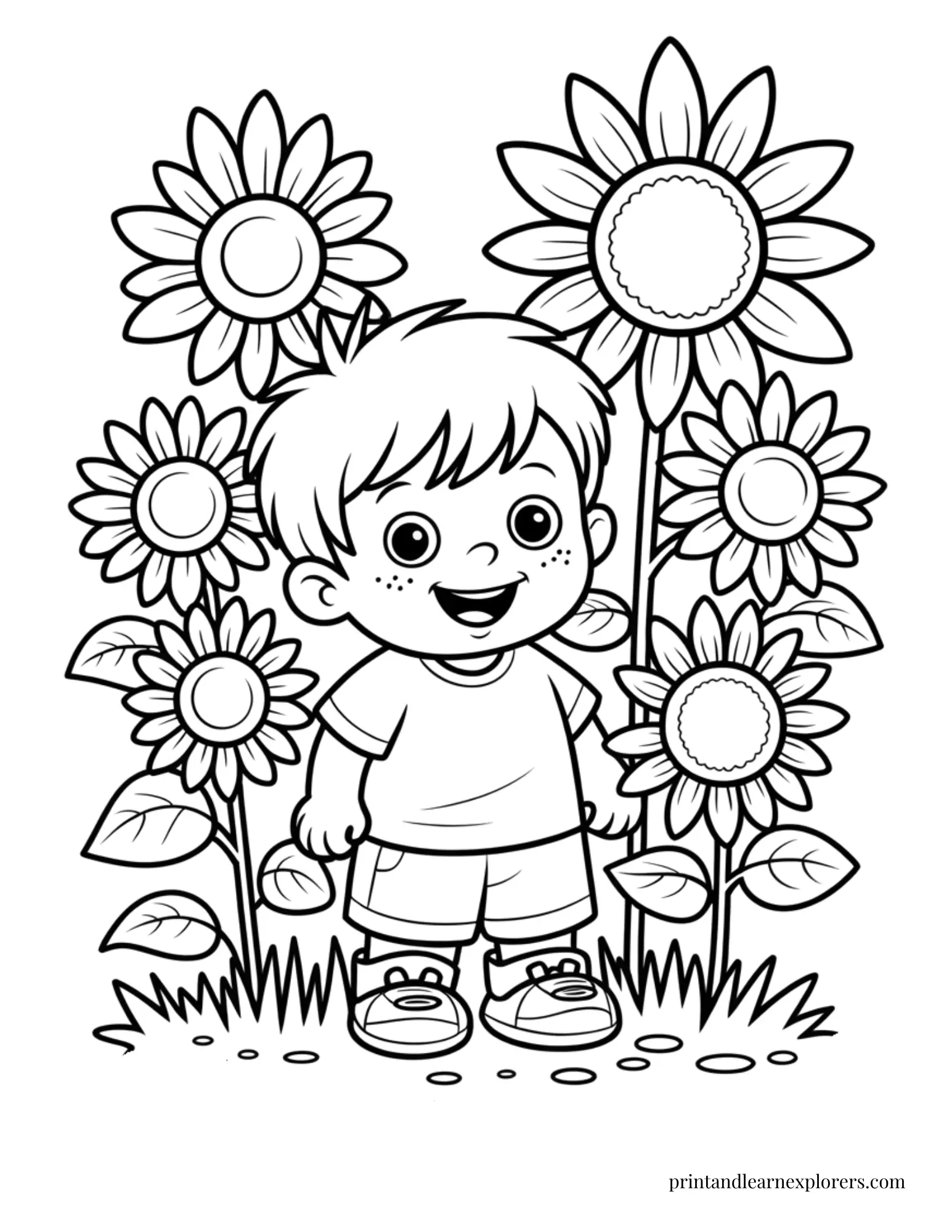 Boy standing in sunflowers coloring page