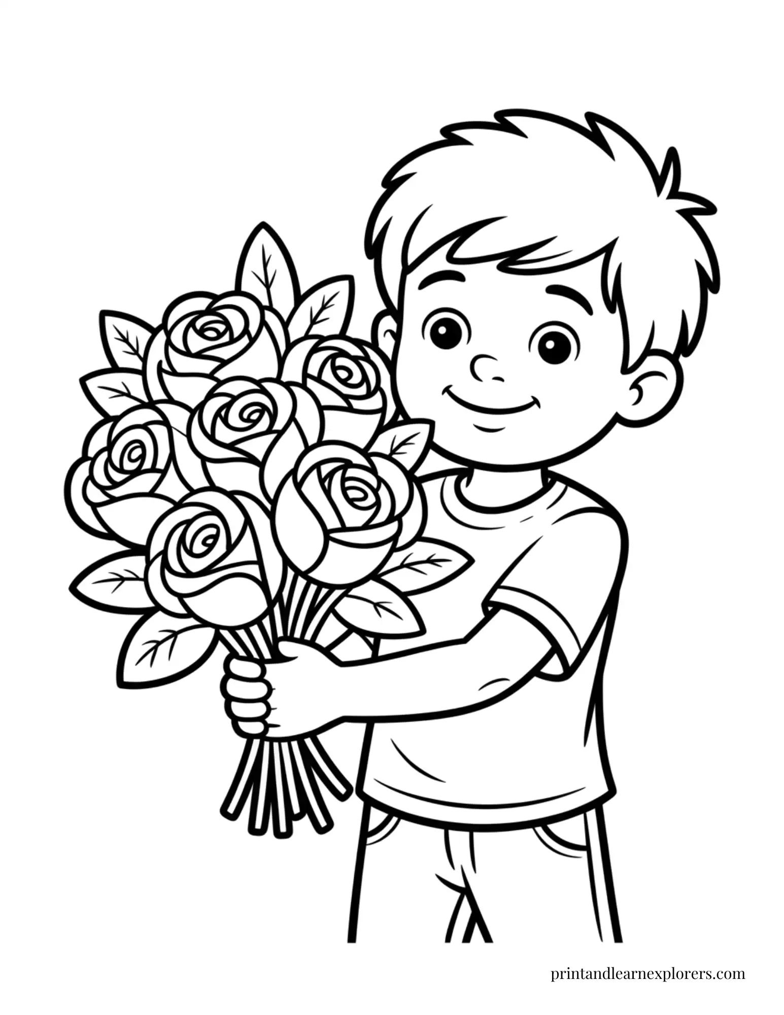 Boy with Bouquet of Roses Coloring Page