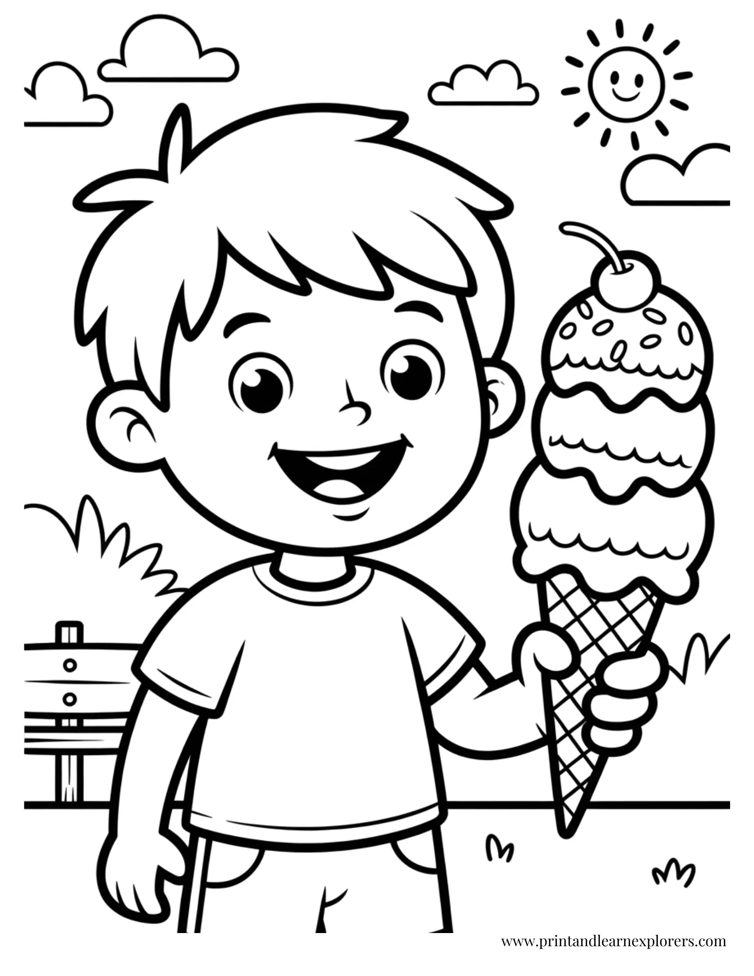 Boy with Three Scoops Ice Cream Cone Coloring Page