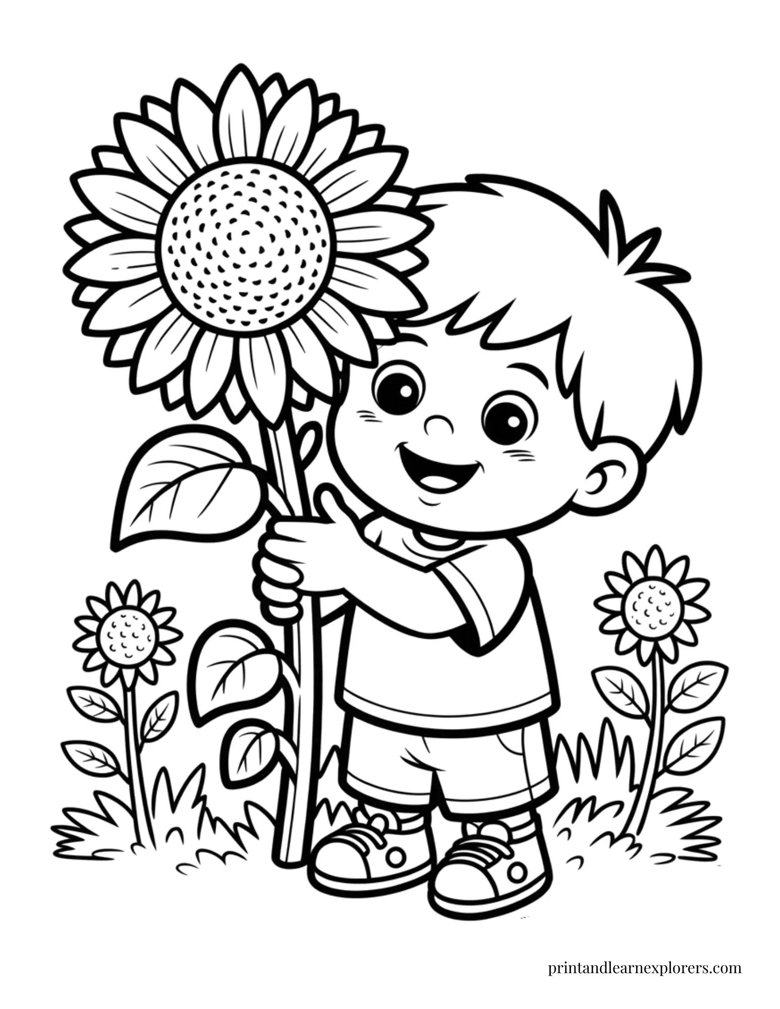 Boy with tall sunflower coloring page