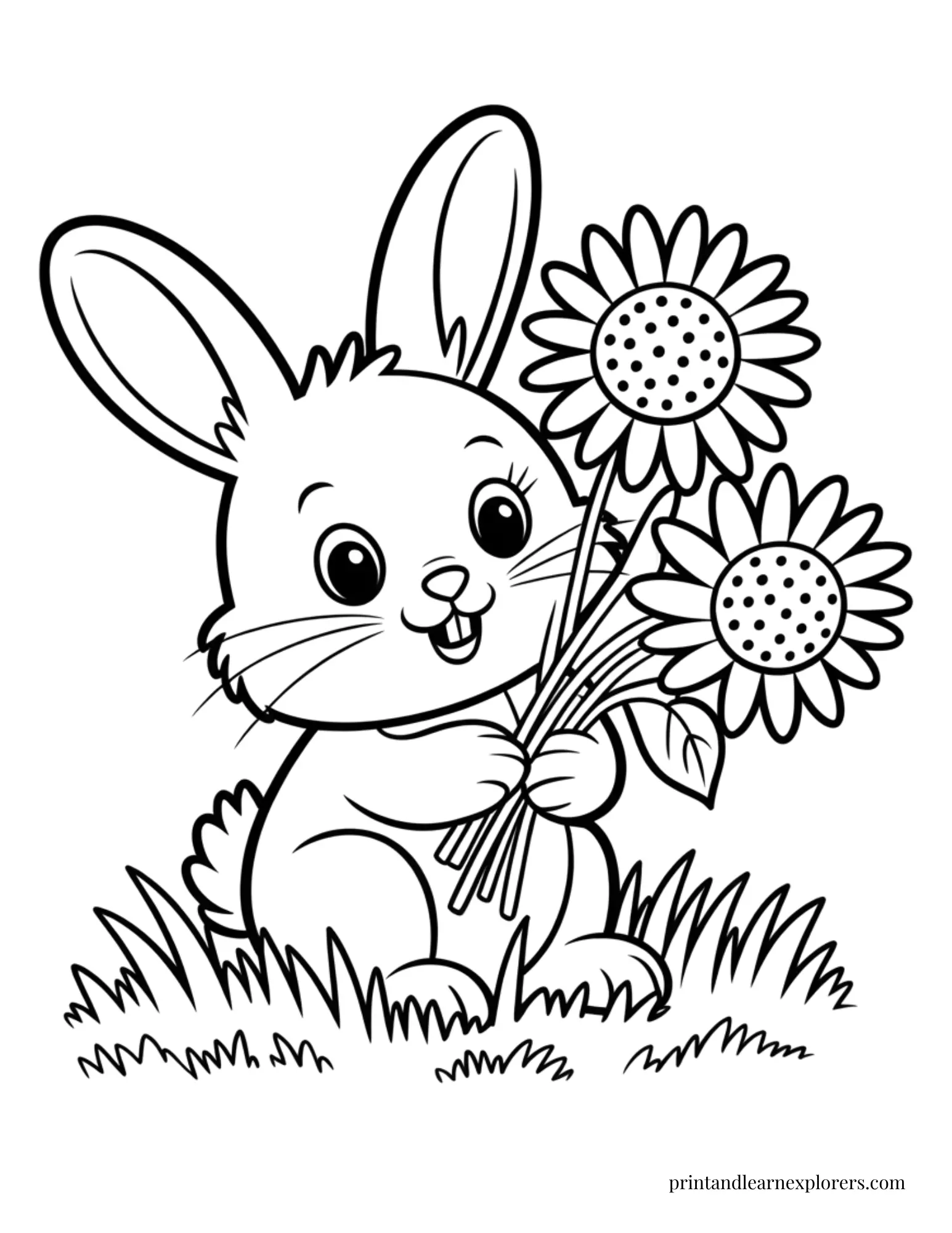 Bunny holding sunflowers coloring page