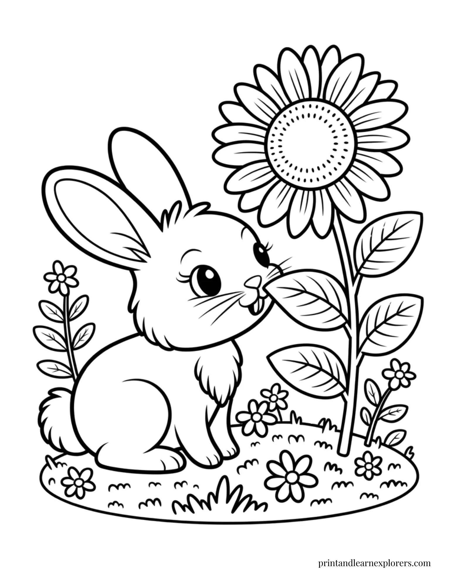Bunny smelling a sunflower coloring page