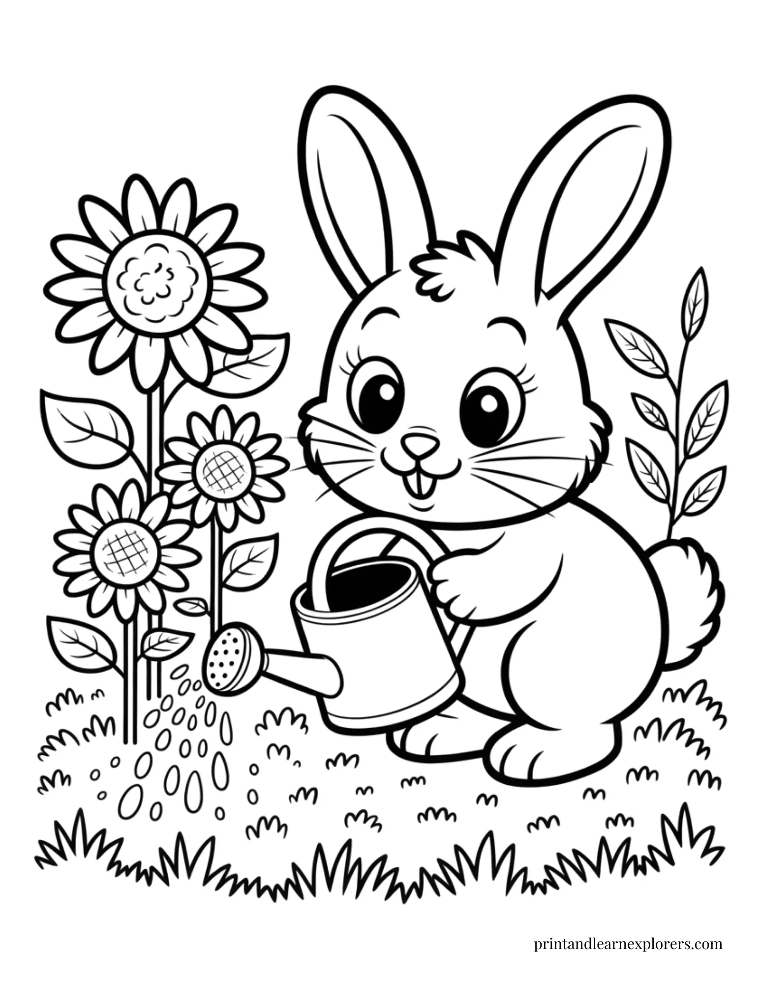 Bunny watering sunflowers coloring page